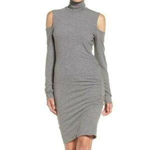 Pam & Gela Gray Cold Shoulder Long Sleeve Ruched Turtleneck Dress